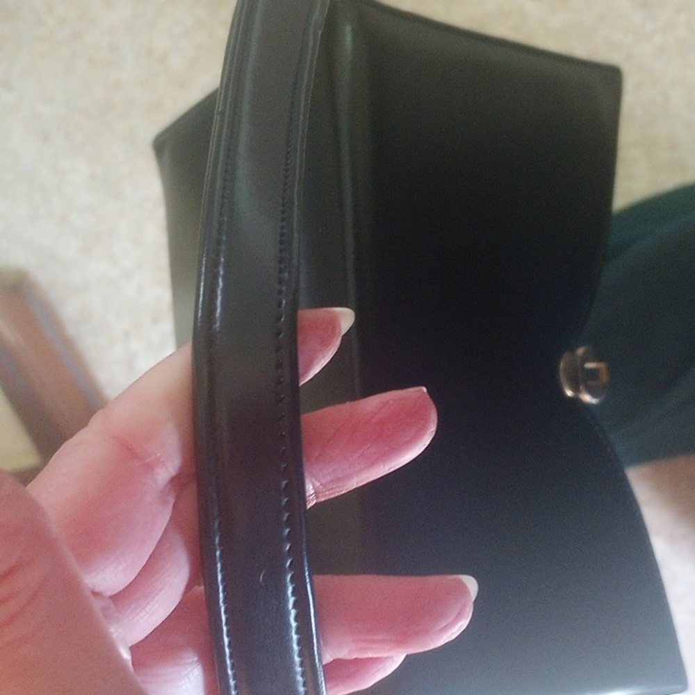 Vintage Navy Blue Leather & Vinyl Structured Handbag, Gold Hardware, Pouch, Feet - Picture 6 of 7